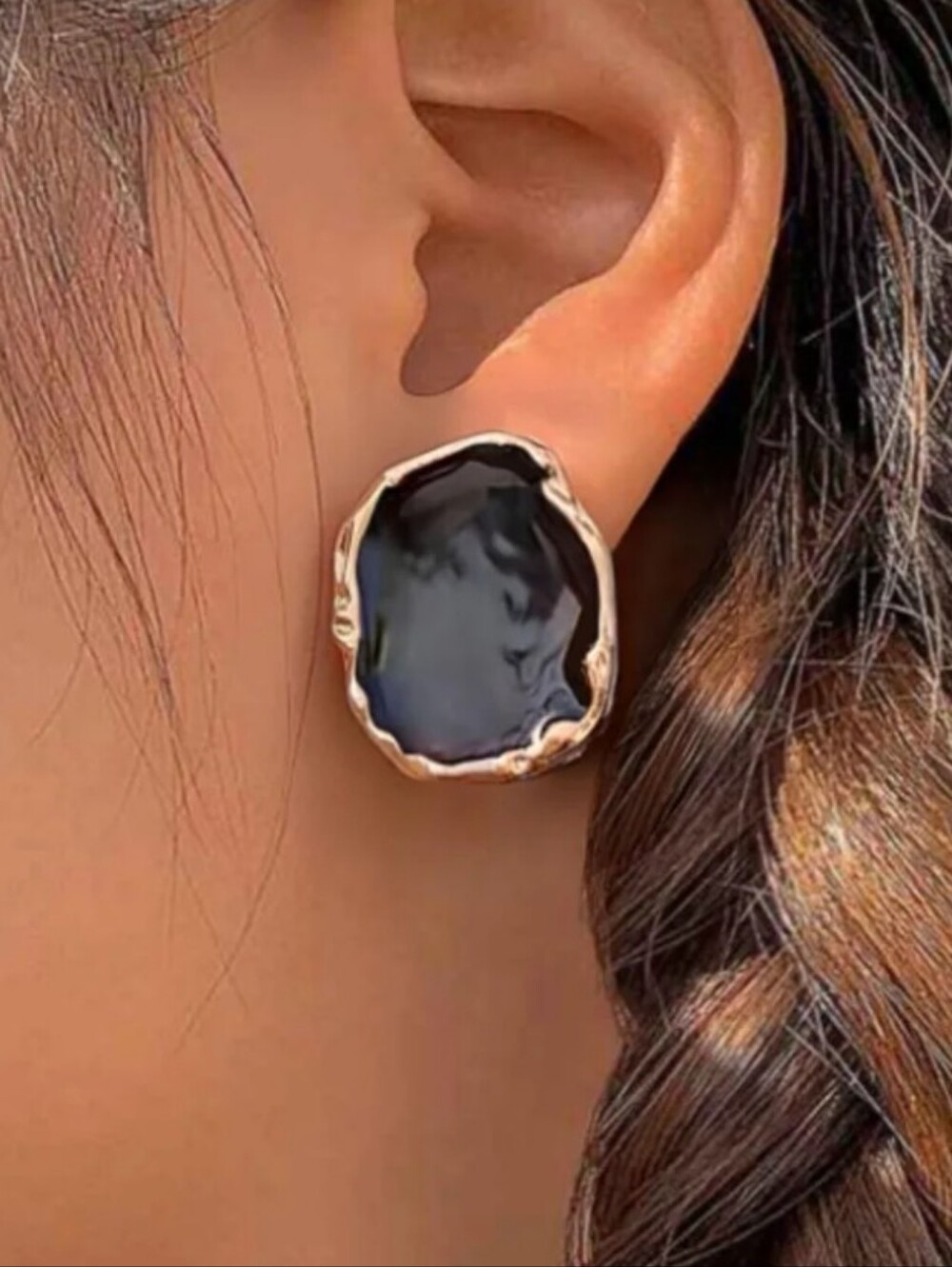 Oversized Modernist Chunky Gold With Black Enamel Earrings; NWOT